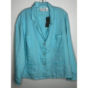 Chicos Jacket Womens XL Aqua Breeze Blue Linen Safari Blazer Solid Pockets